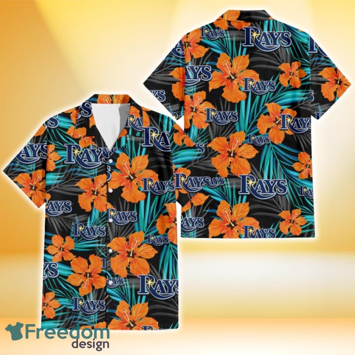 Tampa Bay Rays Orange Hibiscus Blue Gray Leaf Black Background 3D Hawaiian Shirt Gift For Fans Product Photo 1