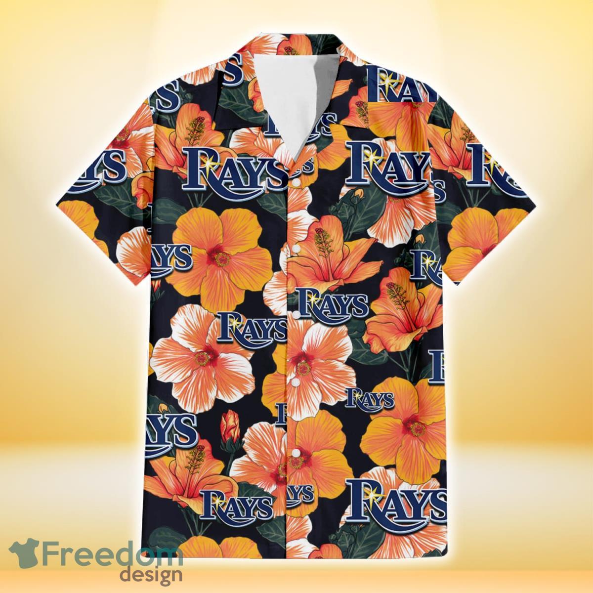 Tampa Bay Rays Orange Hibiscus Dark Green Leaf Black Background 3D Hawaiian Shirt Gift For Fans Product Photo 2