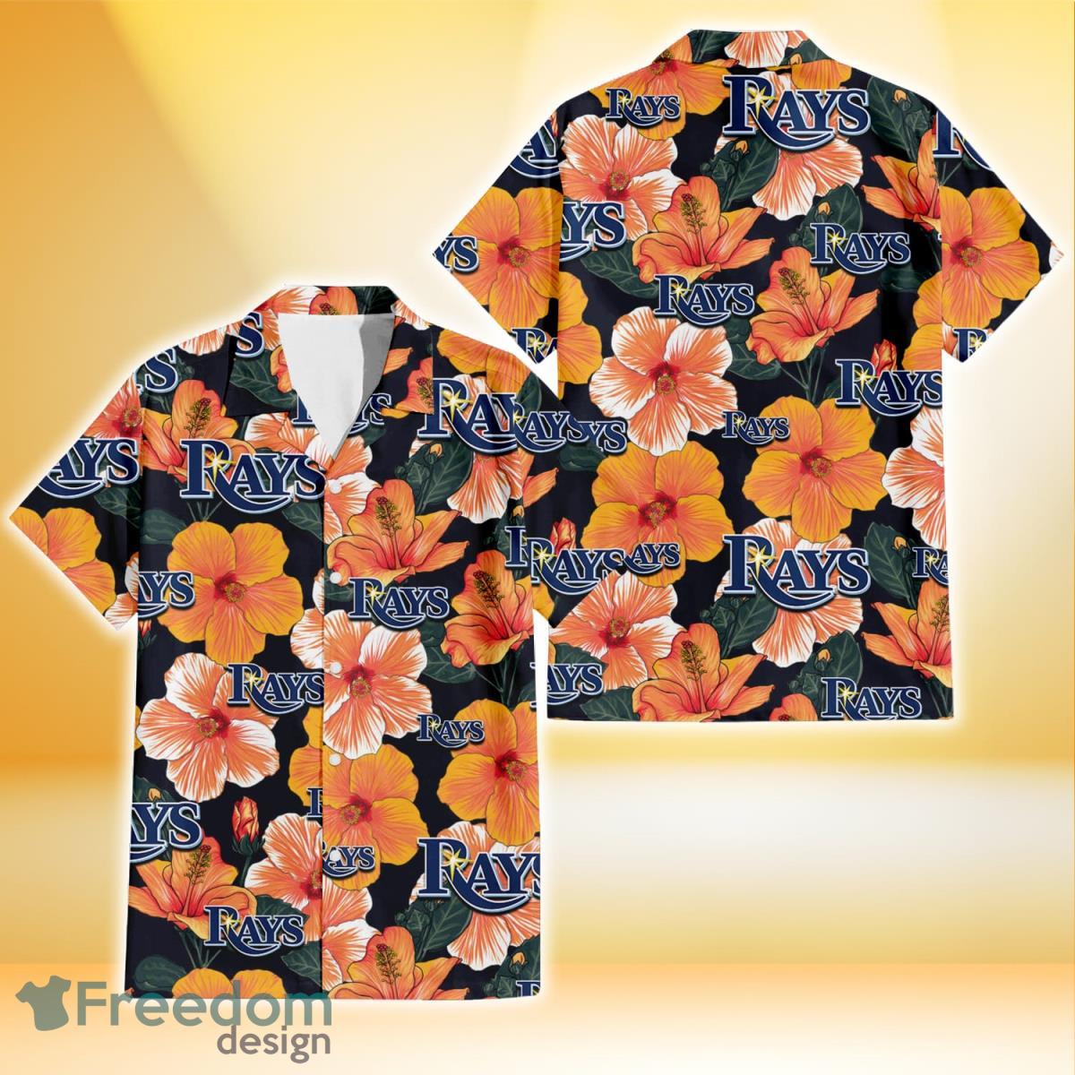 Tampa Bay Rays Orange Hibiscus Dark Green Leaf Black Background 3D Hawaiian Shirt Gift For Fans Product Photo 1