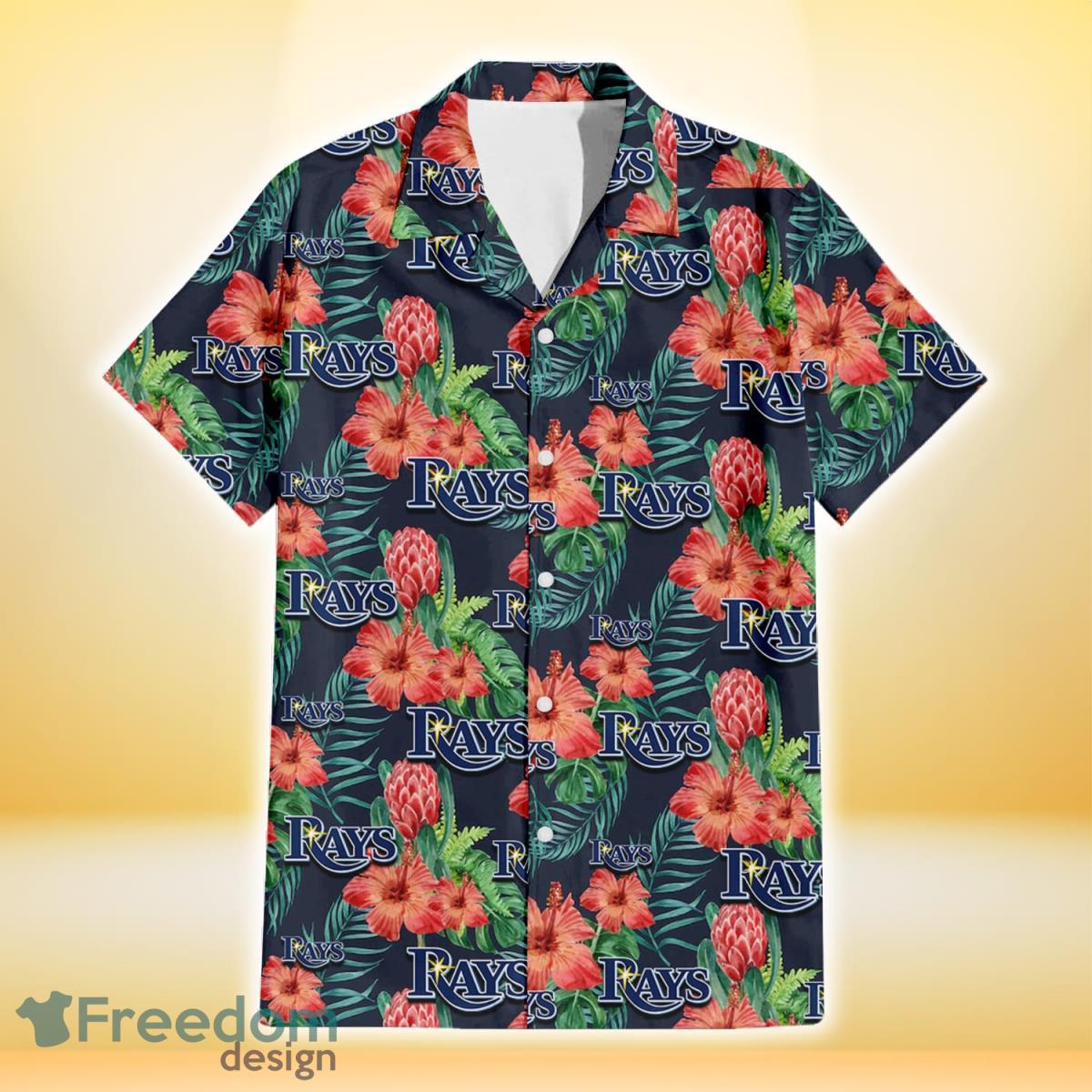 Tampa Bay Rays Orange Hibiscus Green Tropical Leaf Dark Background 3D Hawaiian Shirt Gift For Fans Product Photo 2