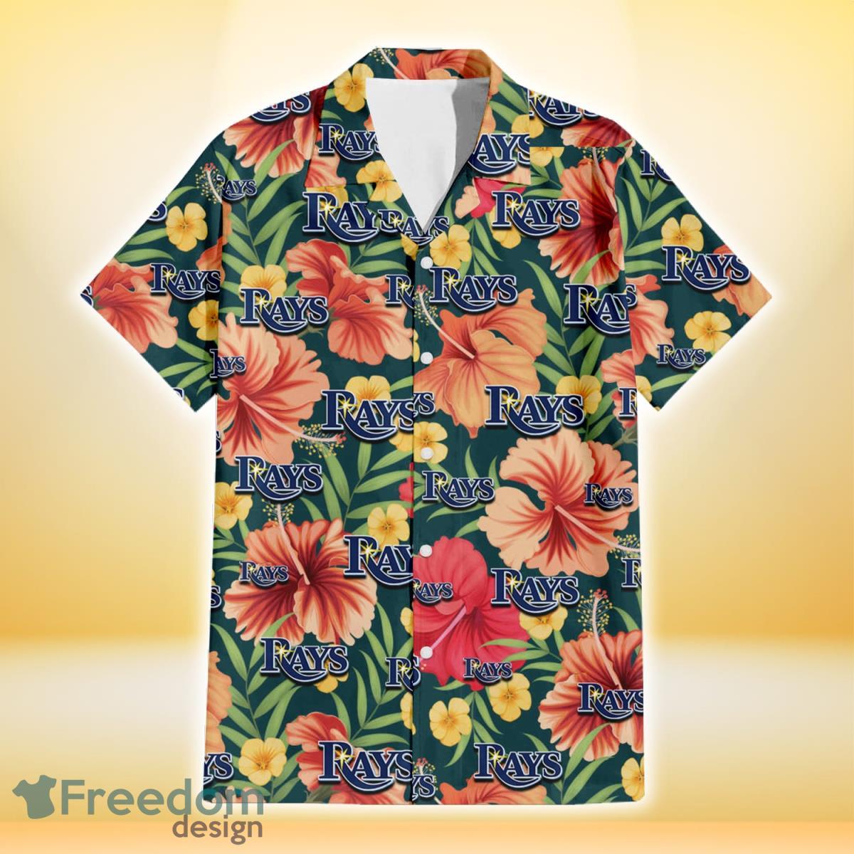 Tampa Bay Rays Orange Red Hibiscus Green Leaf Dark Background 3D Hawaiian Shirt Gift For Fans Product Photo 2