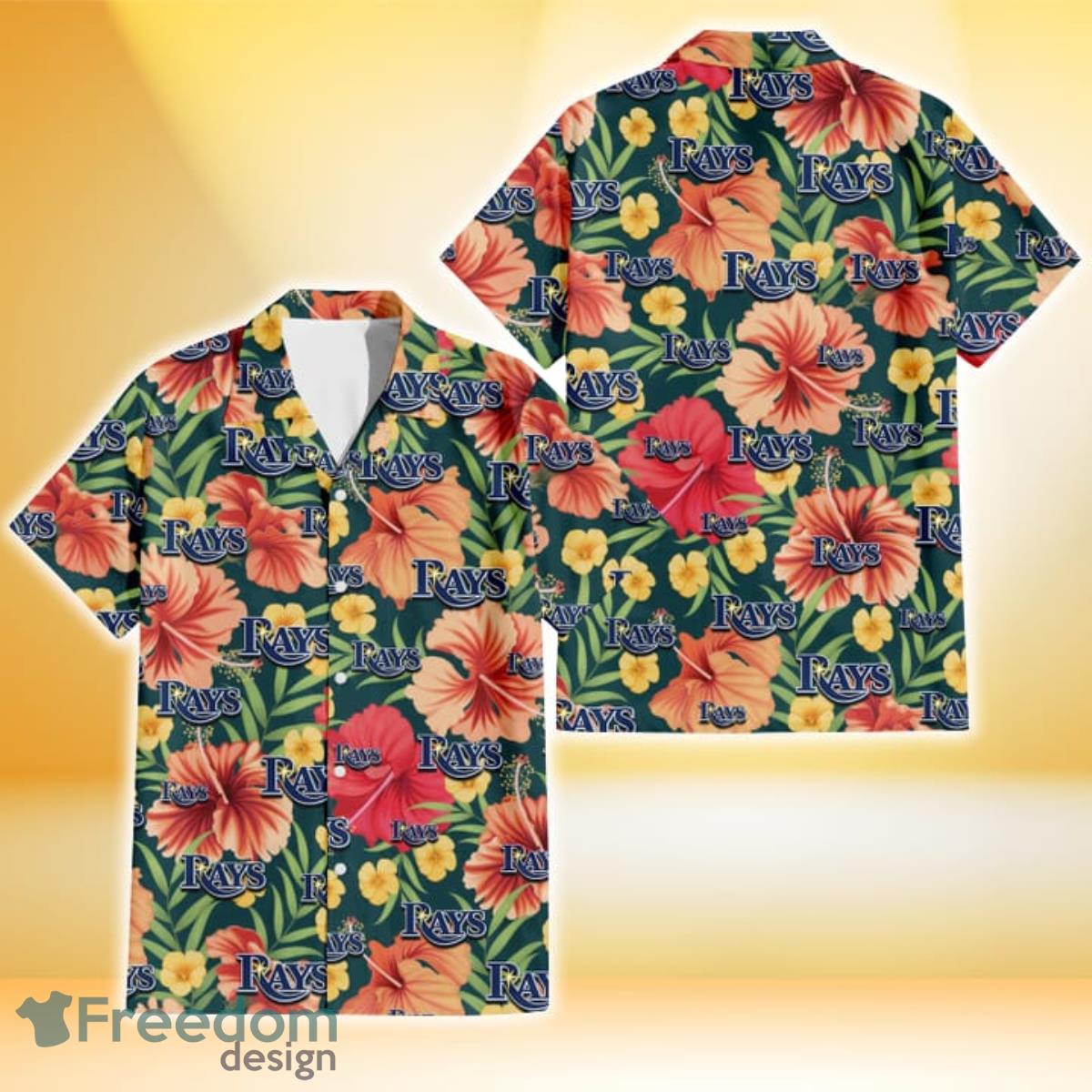 Tampa Bay Rays Orange Red Hibiscus Green Leaf Dark Background 3D Hawaiian Shirt Gift For Fans Product Photo 1