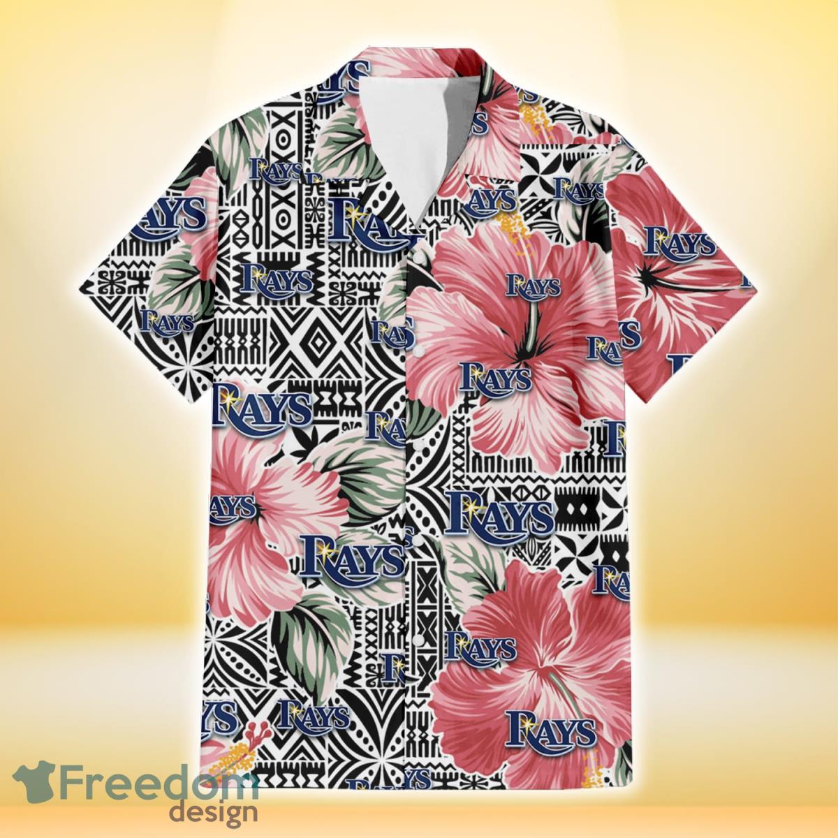 Tampa Bay Rays Pink Hibiscus Black Pattern White Background 3D Hawaiian Shirt Gift For Fans Product Photo 2