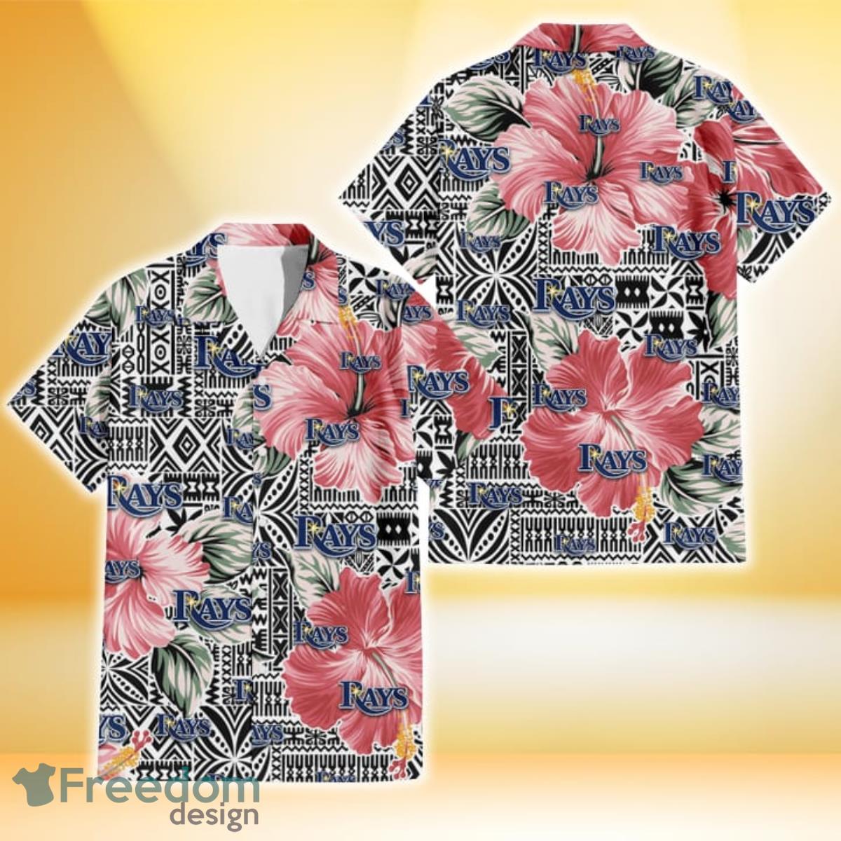 Tampa Bay Rays Pink Hibiscus Black Pattern White Background 3D Hawaiian Shirt Gift For Fans Product Photo 1