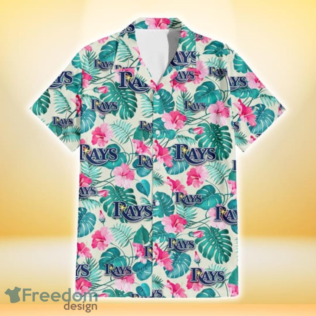 Tampa Bay Rays Pink Hibiscus Green Leaf Beige Background 3D Hawaiian Shirt Gift For Fans Product Photo 2