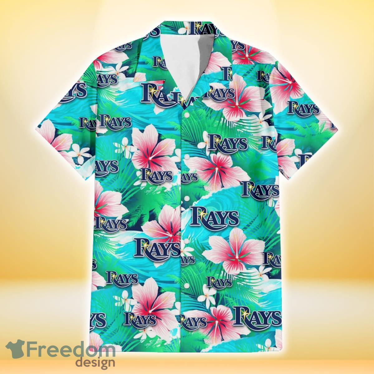 Tampa Bay Rays Pink Hibiscus Green Leaf Blue Background 3D Hawaiian Shirt Gift For Fans Product Photo 2