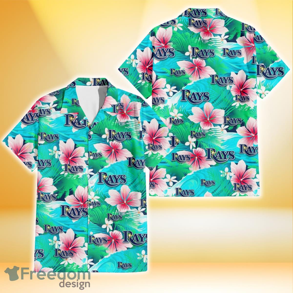 Tampa Bay Rays Pink Hibiscus Green Leaf Blue Background 3D Hawaiian Shirt Gift For Fans Product Photo 1