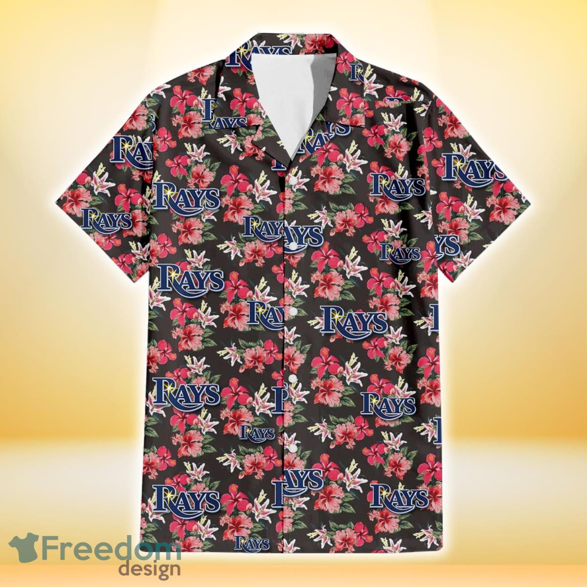 Tampa Bay Rays Pink Hibiscus Orchid Brown Background 3D Hawaiian Shirt Gift For Fans Product Photo 2