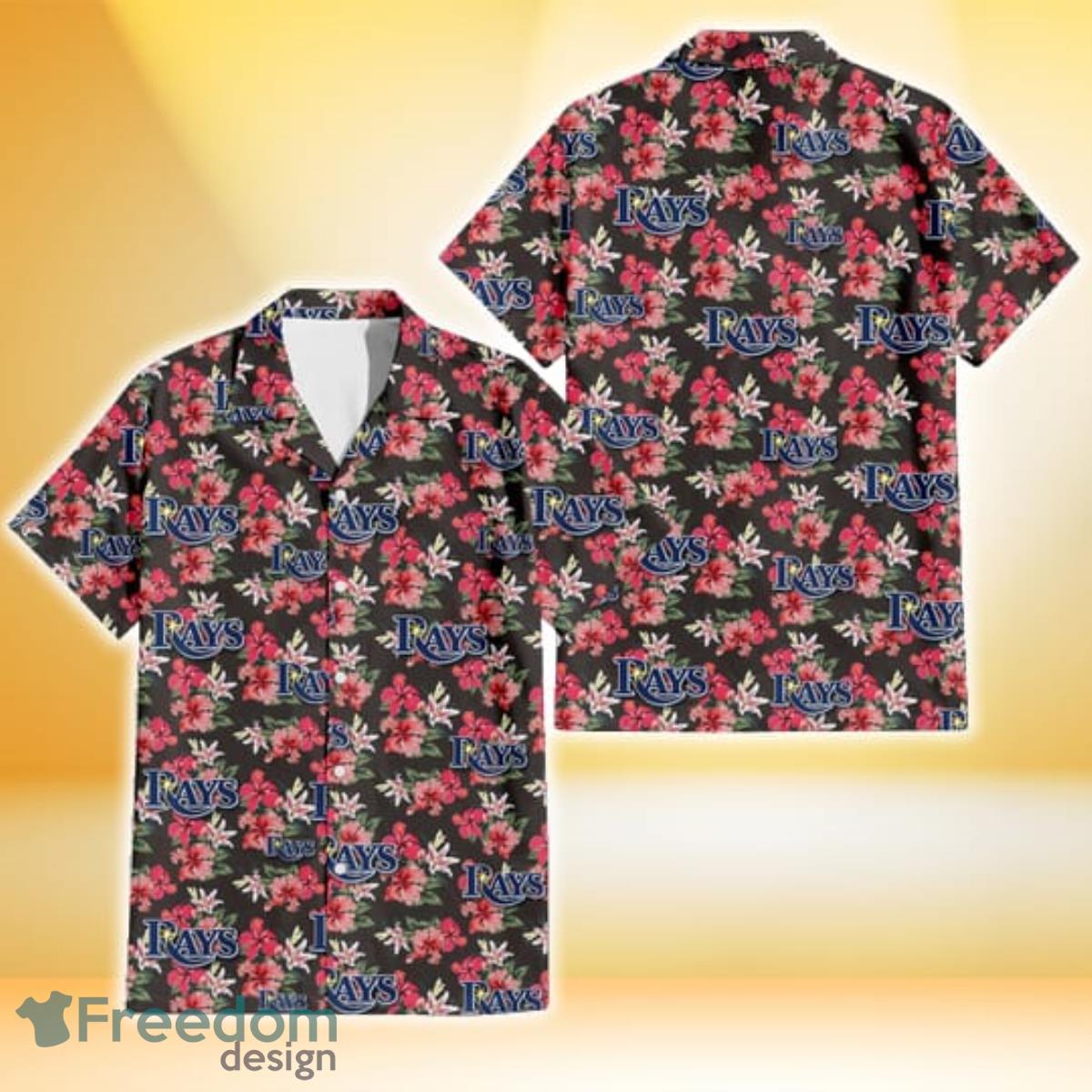 Tampa Bay Rays Pink Hibiscus Orchid Brown Background 3D Hawaiian Shirt Gift For Fans Product Photo 1