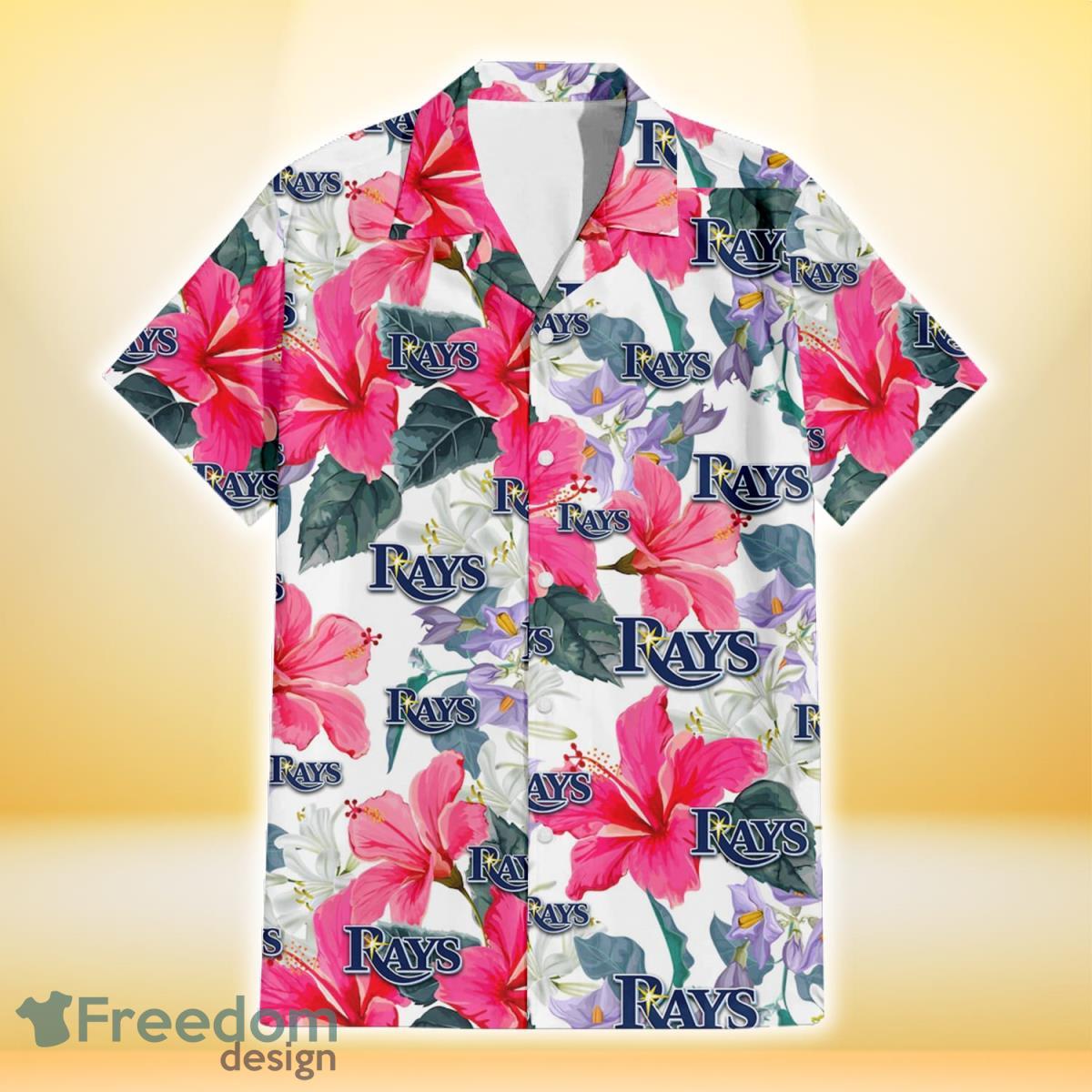 Tampa Bay Rays Pink Hibiscus White Orchid White Background 3D Hawaiian Shirt Gift For Fans Product Photo 2