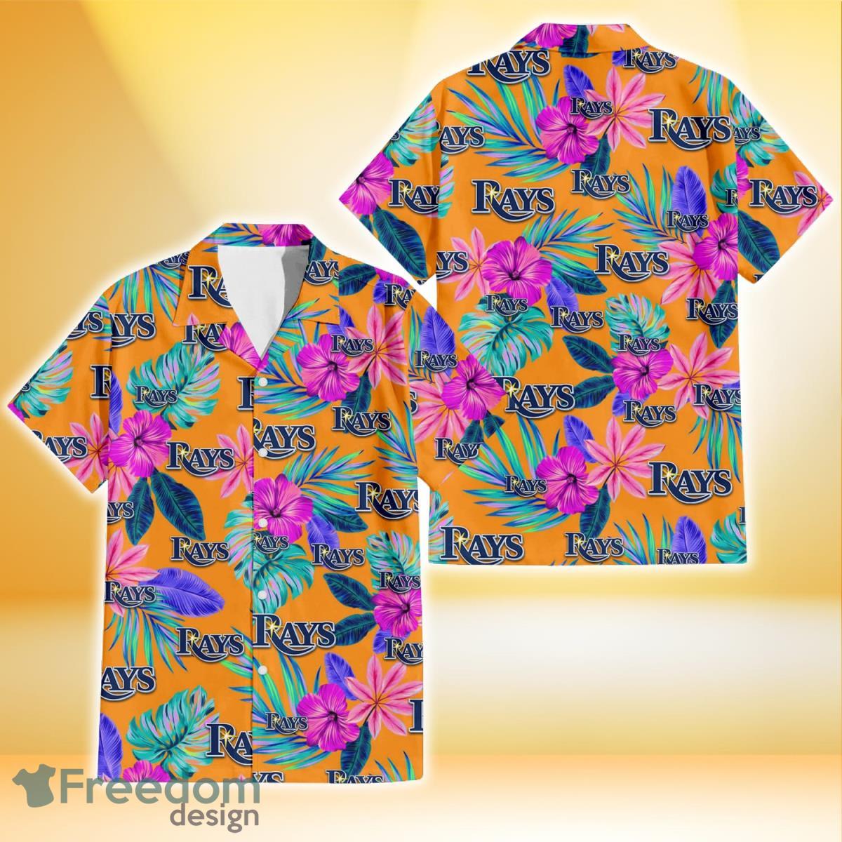 Tampa Bay Rays Purple Hibiscus Neon Leaf Orange Background 3D Hawaiian Shirt  Gift For Fans - Freedomdesign