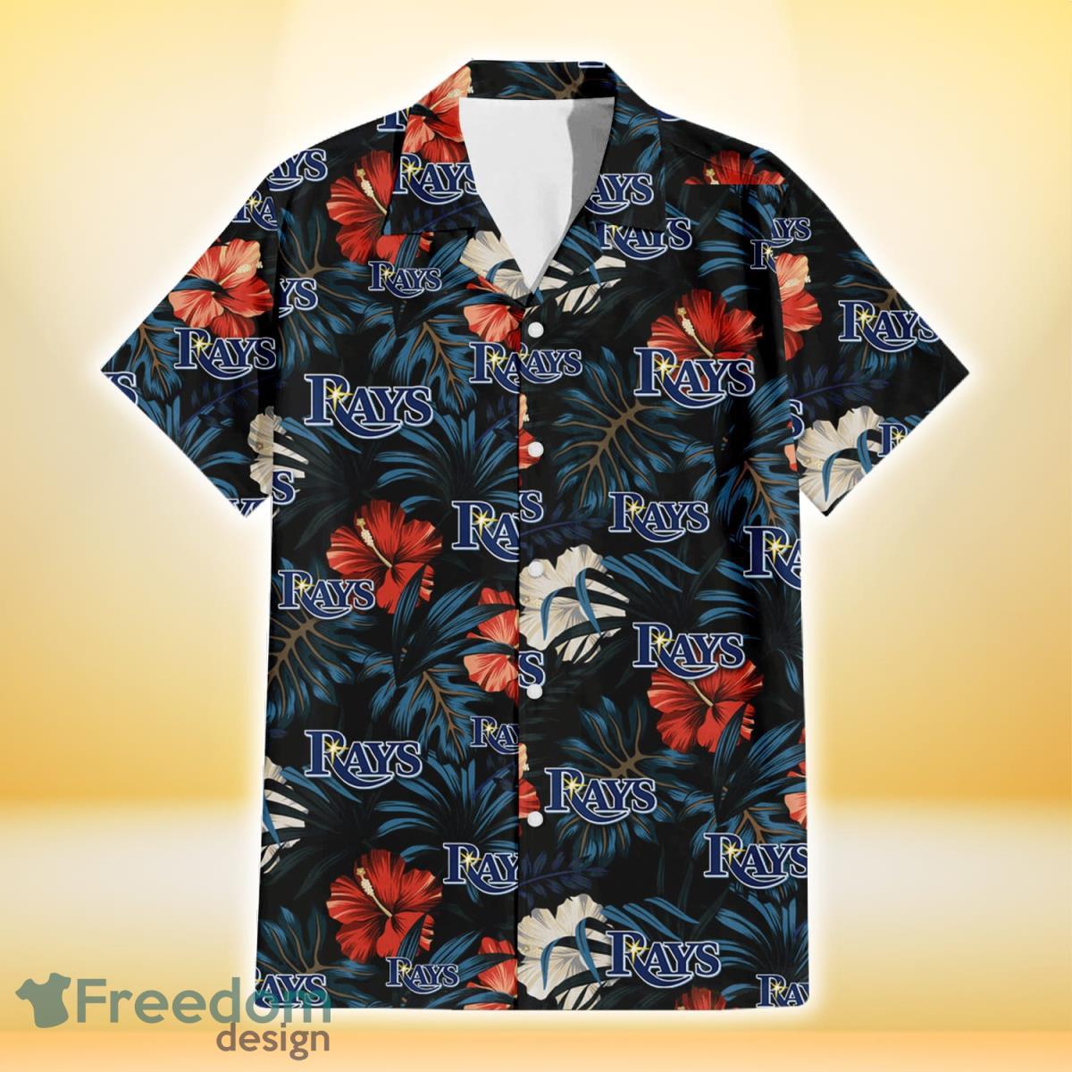 Tampa Bay Rays Red And White Hibiscus Dark Leaf Black Background 3D Hawaiian Shirt Gift For Fans Product Photo 2