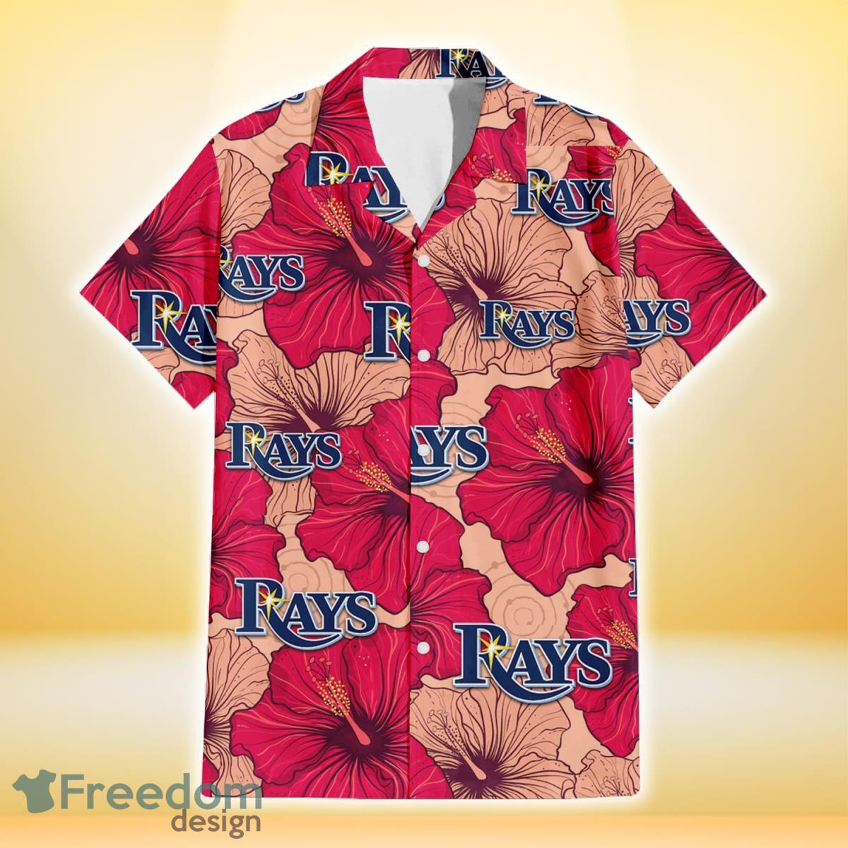 Tampa Bay Rays Red Beige Hibiscus Beige Background 3D Hawaiian Shirt Gift For Fans Product Photo 2