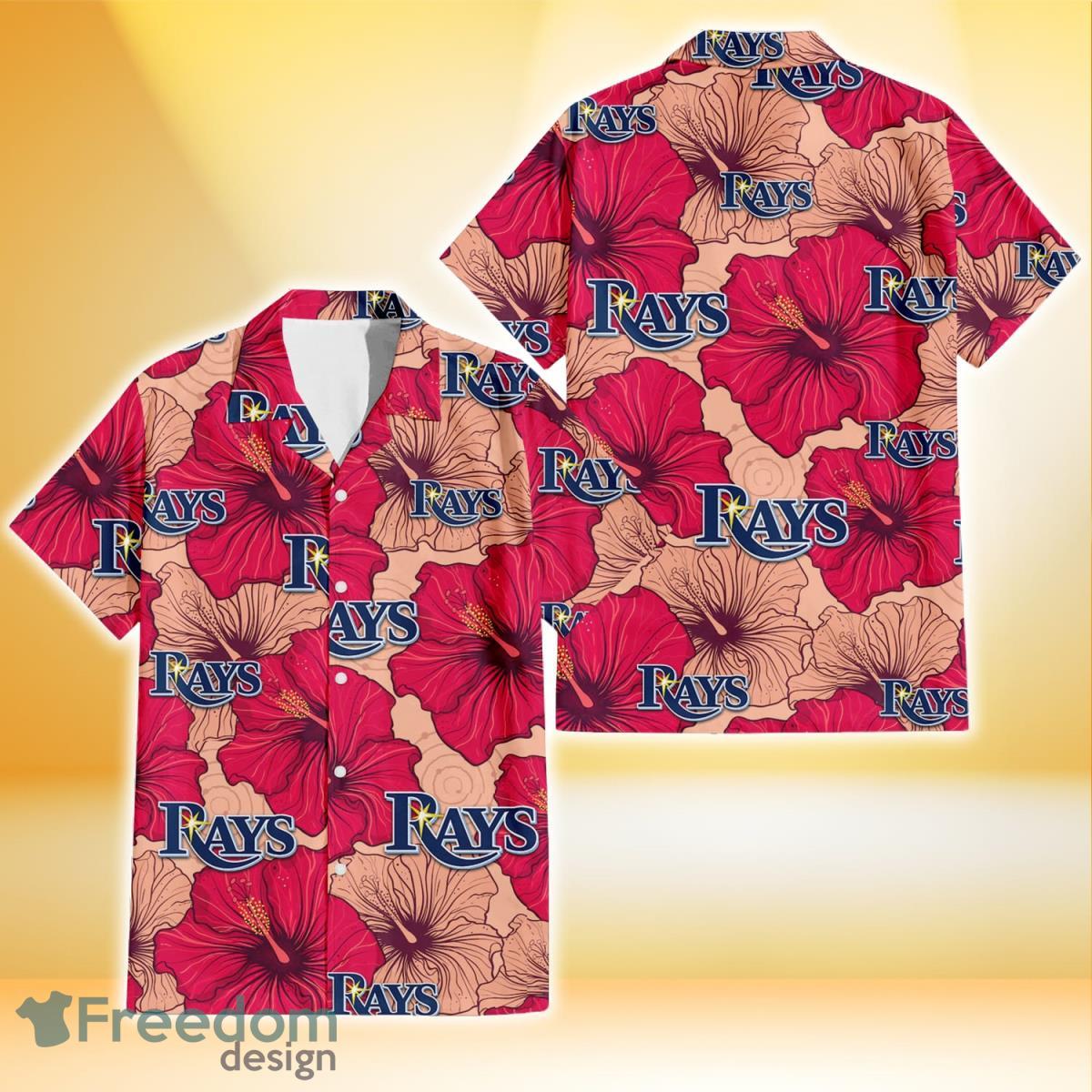 Tampa Bay Rays Red Beige Hibiscus Beige Background 3D Hawaiian Shirt Gift For Fans Product Photo 1