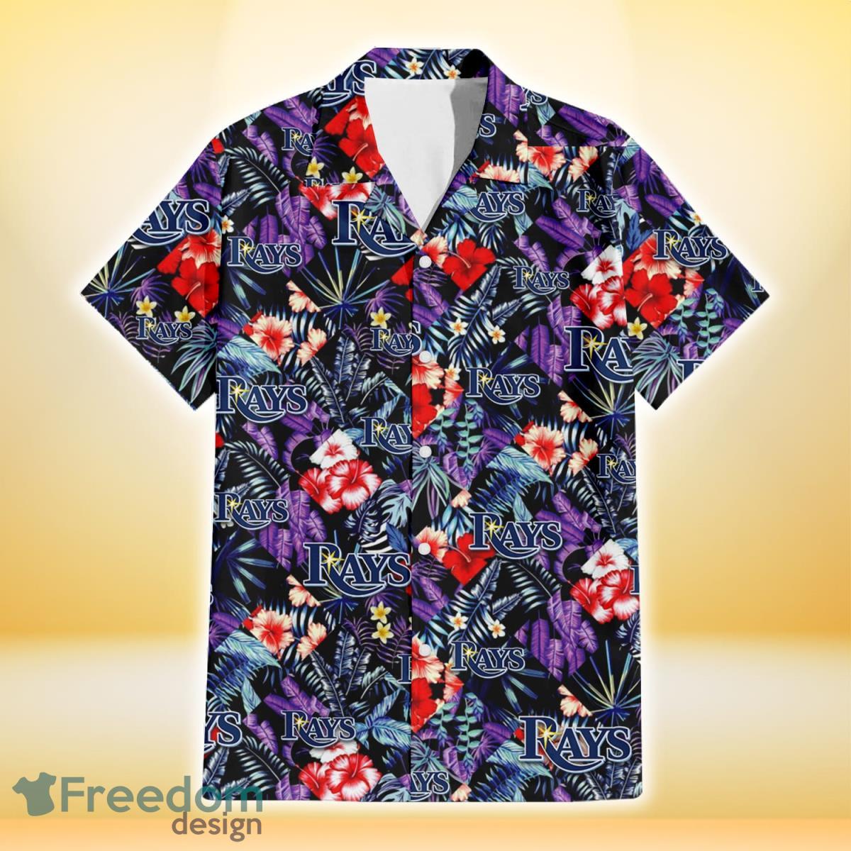 Tampa Bay Rays Red Hibiscus Caro Black Background 3D Hawaiian Shirt Gift For Fans Product Photo 2