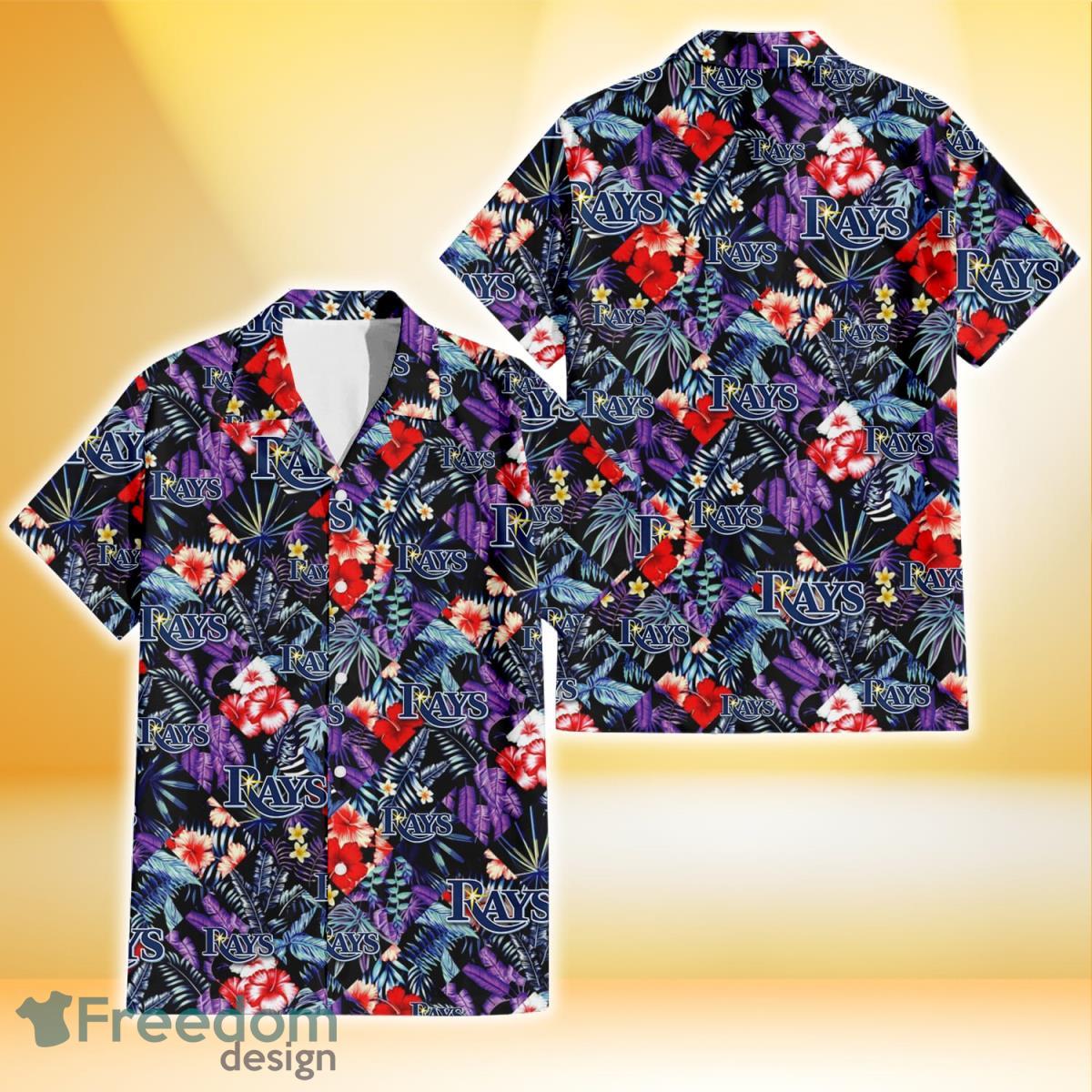 Tampa Bay Rays Red Hibiscus Caro Black Background 3D Hawaiian Shirt Gift For Fans Product Photo 1