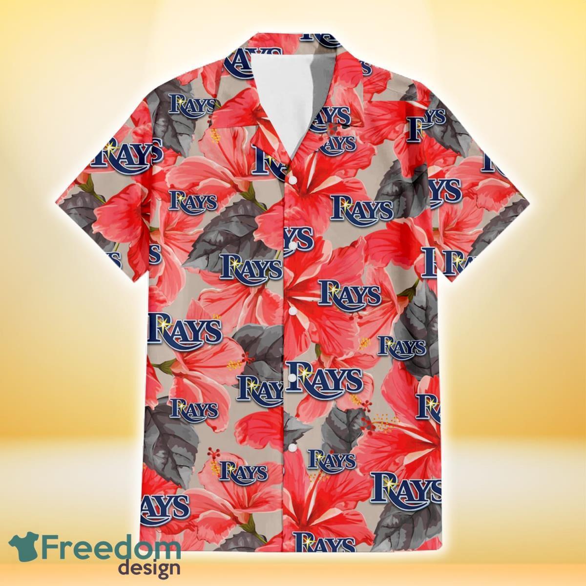 Tampa Bay Rays Red Hibiscus Gray Leaf Beige Background 3D Hawaiian Shirt Gift For Fans Product Photo 2