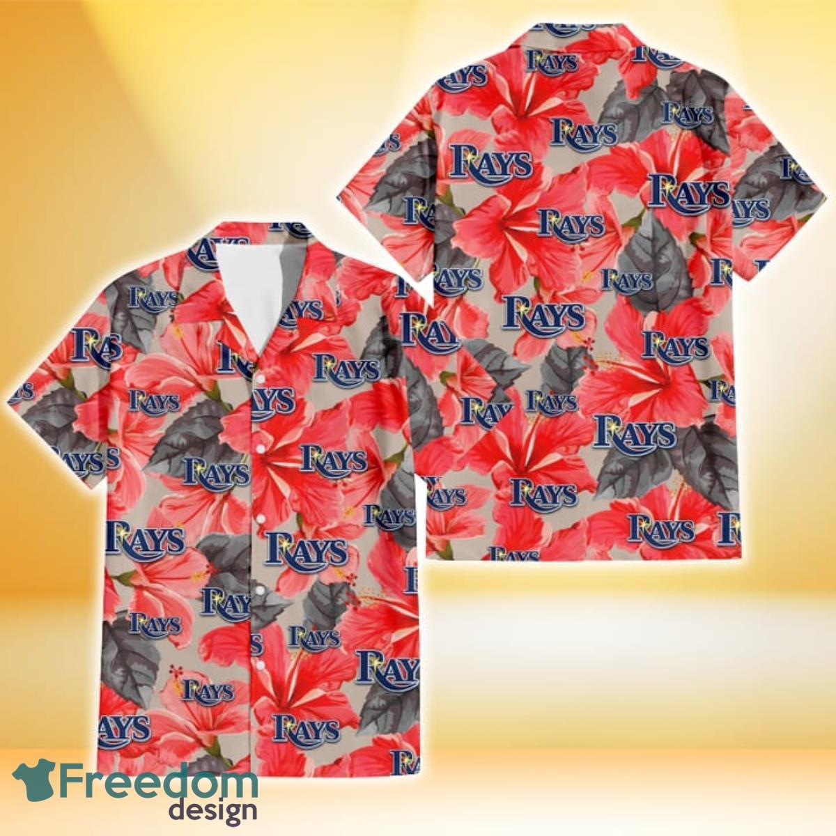 Tampa Bay Rays Red Hibiscus Gray Leaf Beige Background 3D Hawaiian Shirt Gift For Fans Product Photo 1