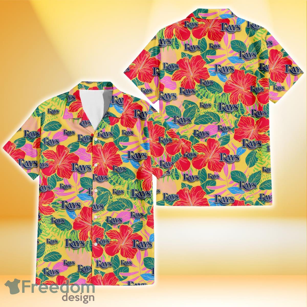 Tampa Bay Rays Red Hibiscus Green Blue Leaf Yellow Background 3D Hawaiian Shirt Gift For Fans Product Photo 1