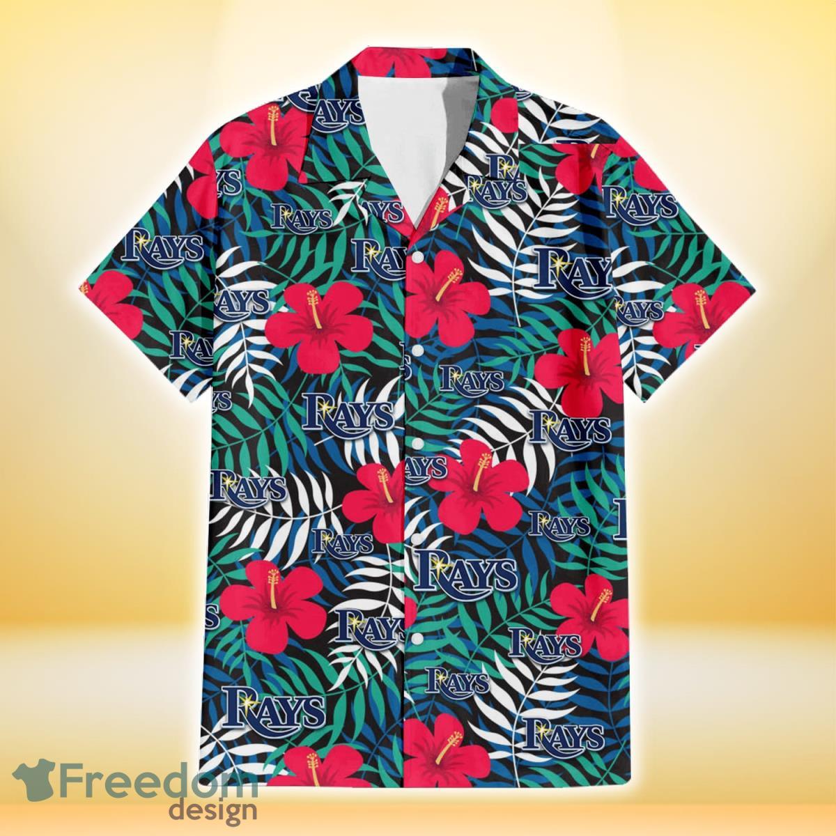 Tampa Bay Rays Red Hibiscus Green Blue White Leaf Black Background 3D Hawaiian Shirt Gift For Fans Product Photo 2