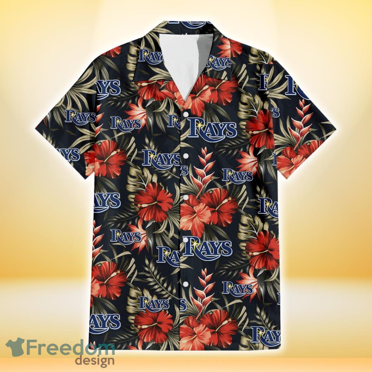 Tampa Bay Rays Red Hibiscus Green Leaf Dark Background 3D Hawaiian Shirt Gift For Fans Product Photo 2