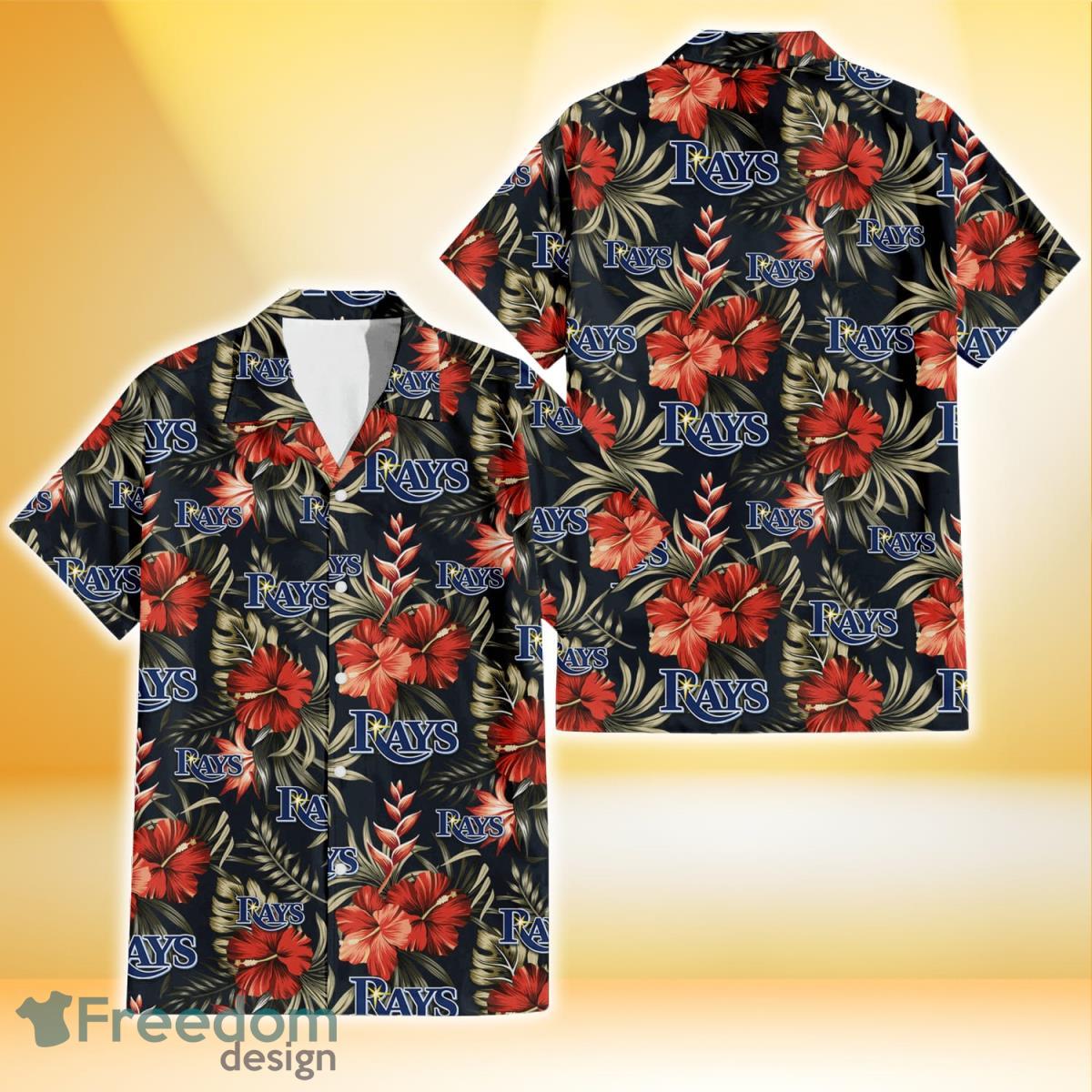 Tampa Bay Rays Red Hibiscus Green Leaf Dark Background 3D Hawaiian Shirt Gift For Fans Product Photo 1