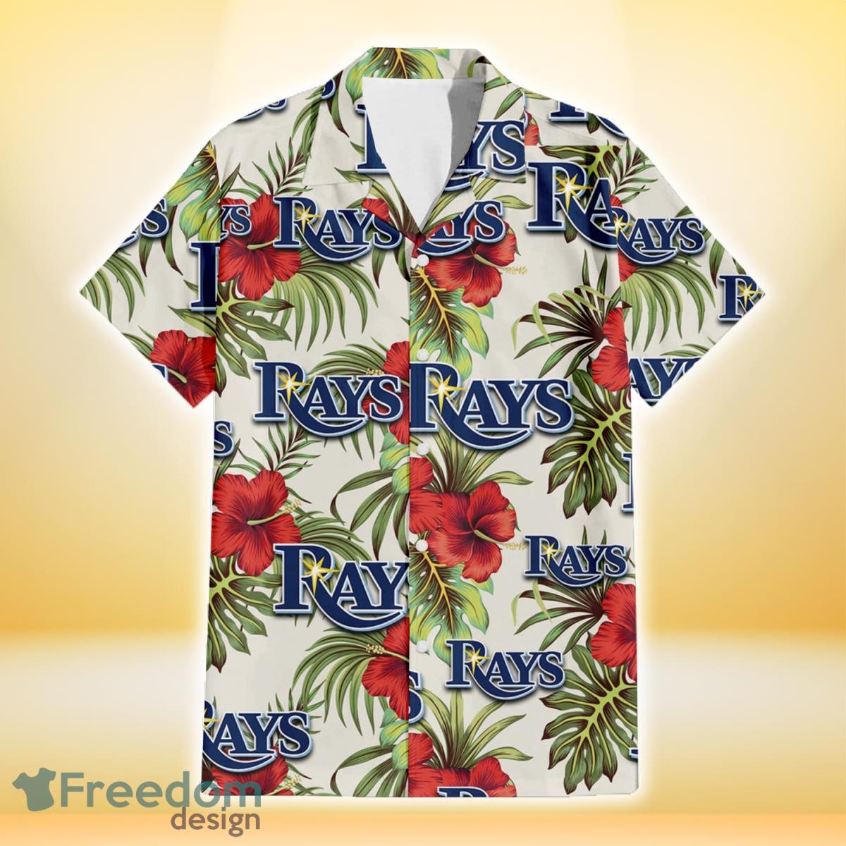 Tampa Bay Rays Red Hibiscus Green Tropical Leaf Cream Background 3D Hawaiian Shirt Gift For Fans Product Photo 2