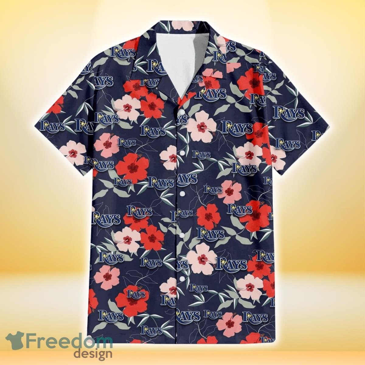 Tampa Bay Rays Red Pink White Hibiscus Black Background 3D Hawaiian Shirt Gift For Fans Product Photo 2