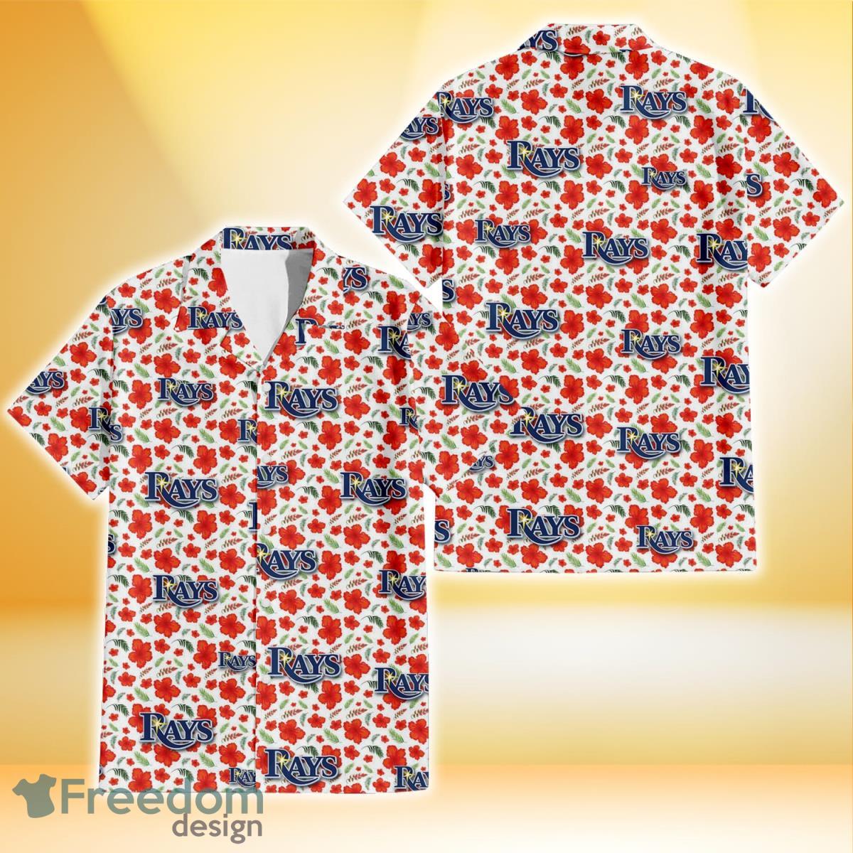 Tampa Bay Rays Tiny Red Hibiscus Green Leaf White Cube Background 3D Hawaiian Shirt Gift For Fans Product Photo 1