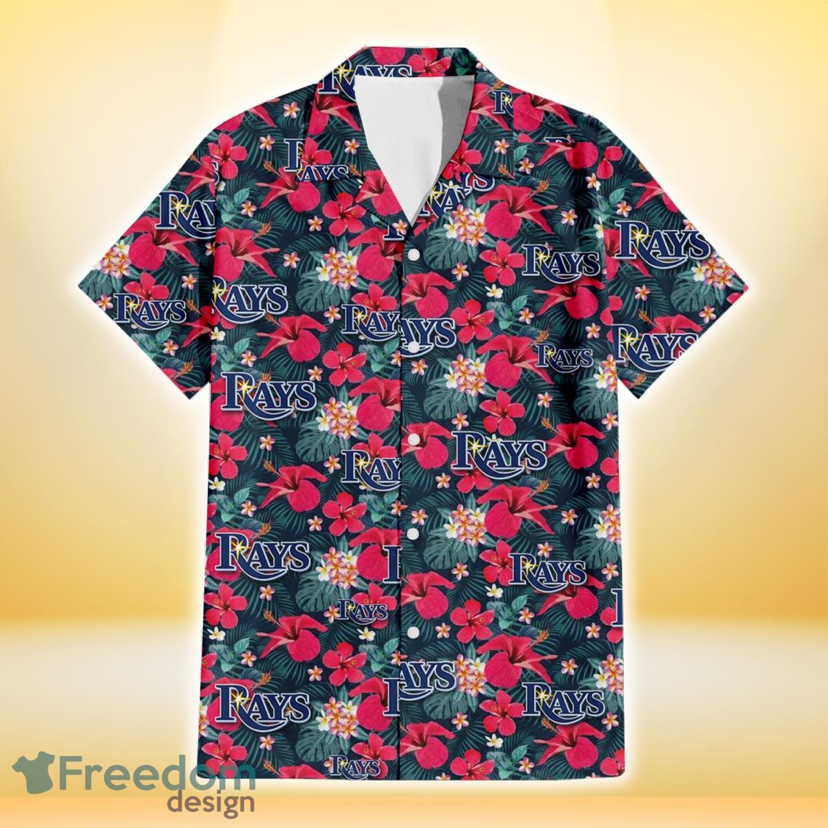 Tampa Bay Rays Tiny Red Hibiscus White Porcelain Flower Black Background 3D Hawaiian Shirt Gift For Fans Product Photo 2