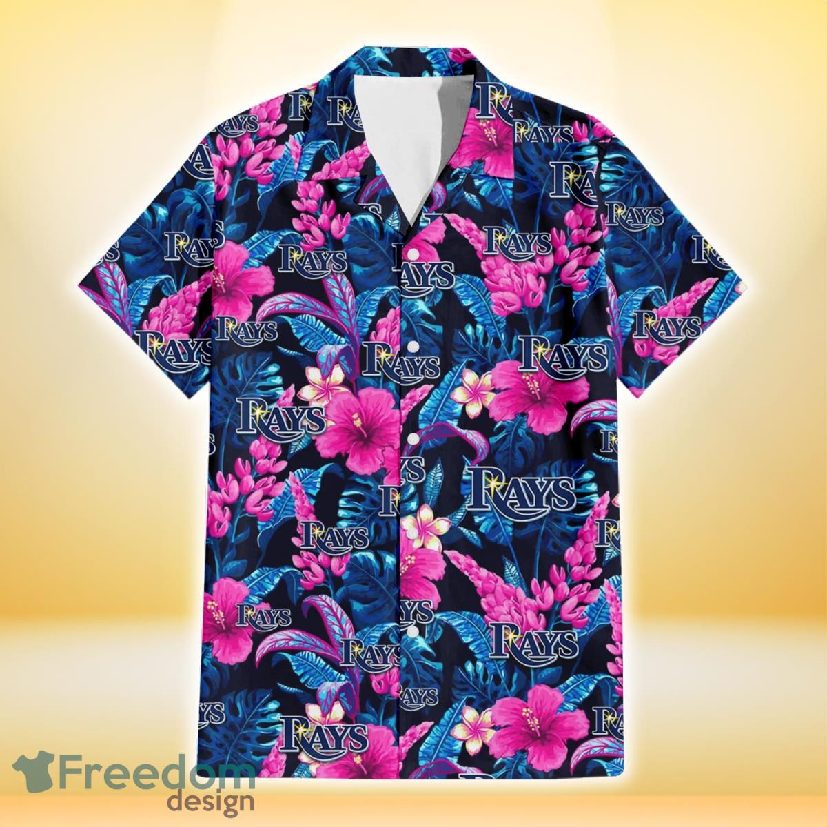 Tampa Bay Rays Violet Red Hibiscus Blue Leaf Black Background 3D Hawaiian Shirt Gift For Fans Product Photo 2