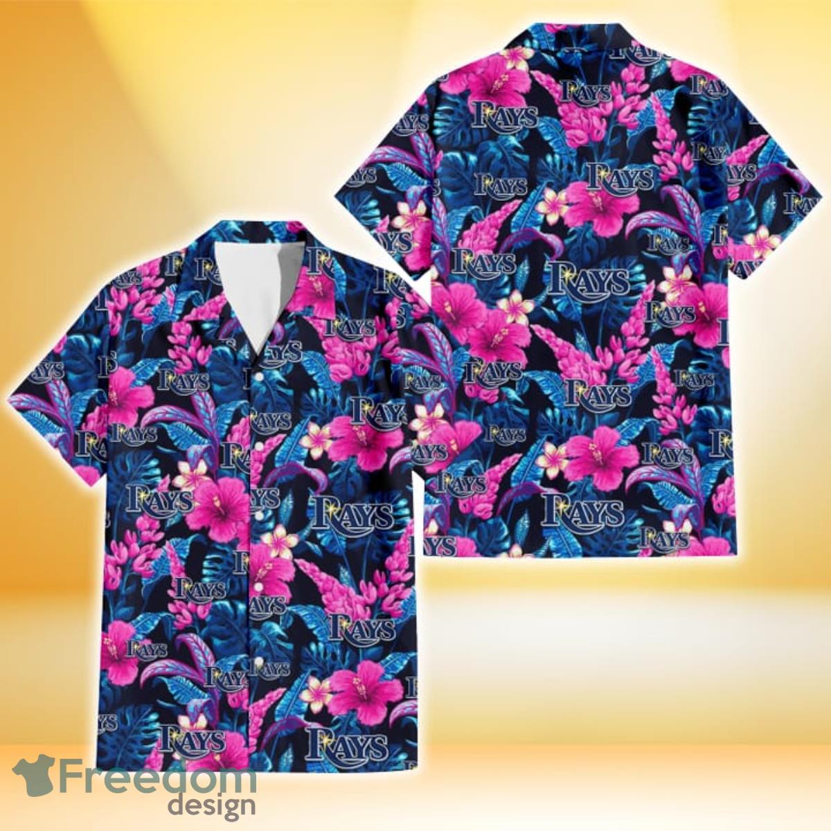 Tampa Bay Rays Violet Red Hibiscus Blue Leaf Black Background 3D Hawaiian Shirt Gift For Fans Product Photo 1