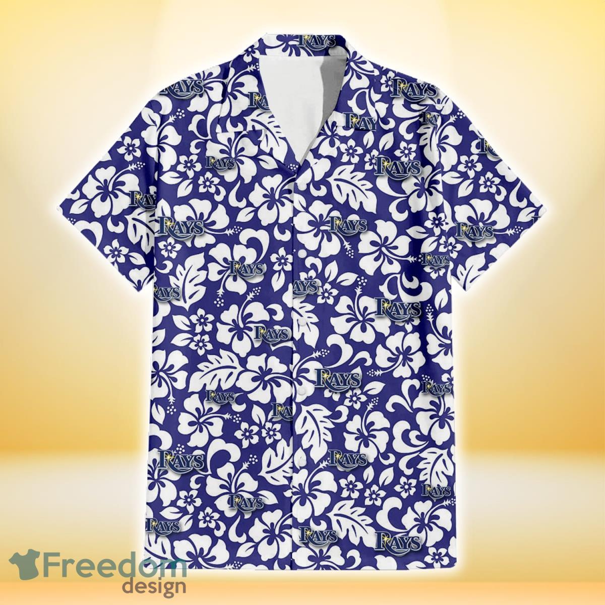 Tampa Bay Rays White Hibiscus Pattern Slate Blue Background 3D Hawaiian Shirt Gift For Fans Product Photo 2