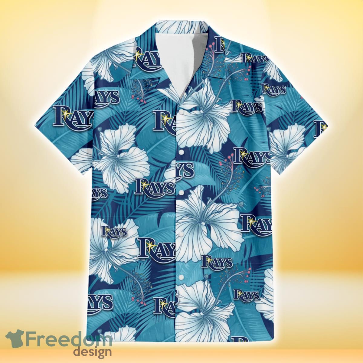 Tampa Bay Rays White Hibiscus Turquoise Banana Leaf Navy Background 3D Hawaiian Shirt Gift For Fans Product Photo 2