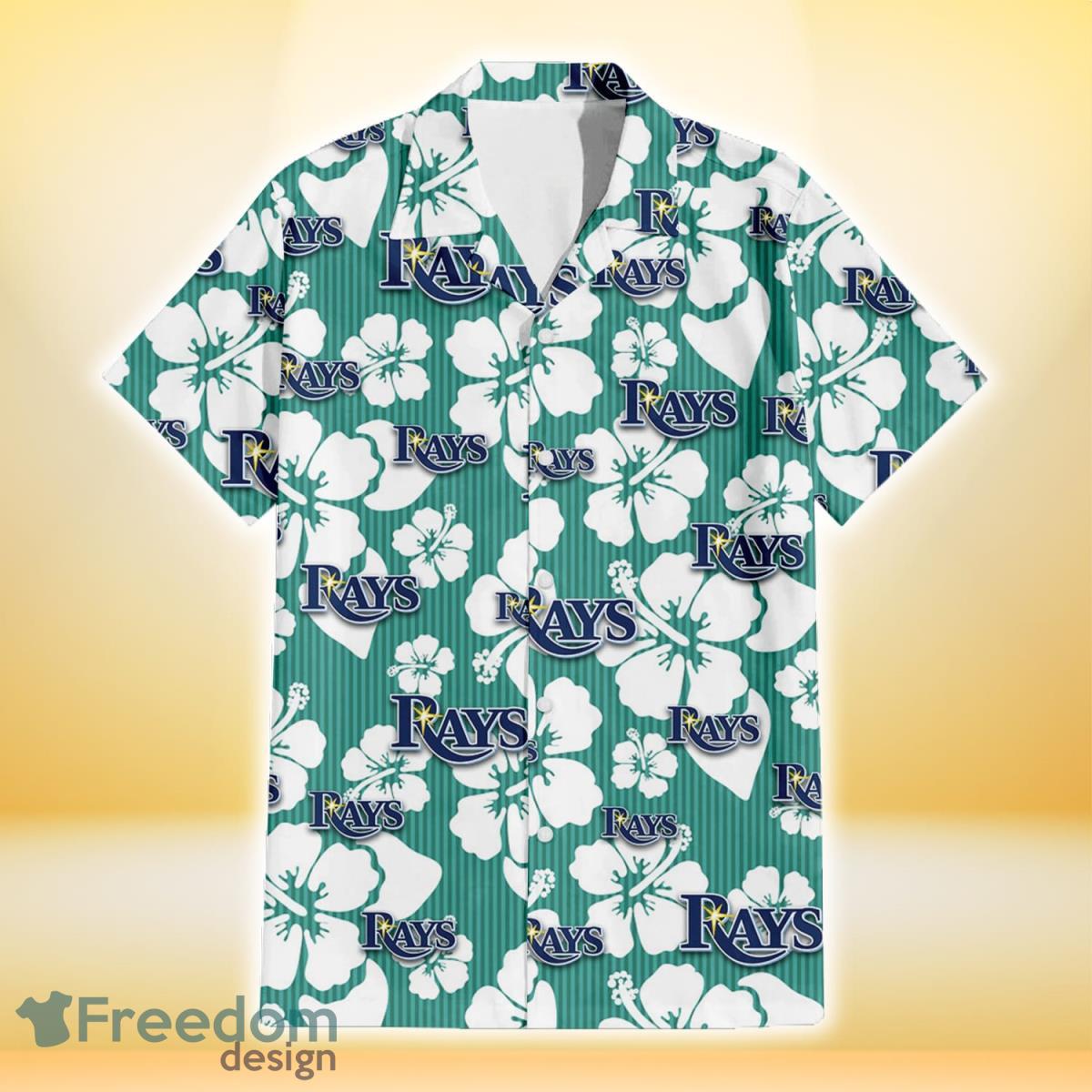 Tampa Bay Rays White Hibiscus Turquoise Stripe Background 3D Hawaiian Shirt Gift For Fans Product Photo 2