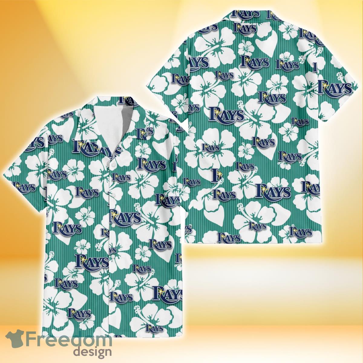 Tampa Bay Rays White Hibiscus Turquoise Stripe Background 3D Hawaiian Shirt Gift For Fans Product Photo 1