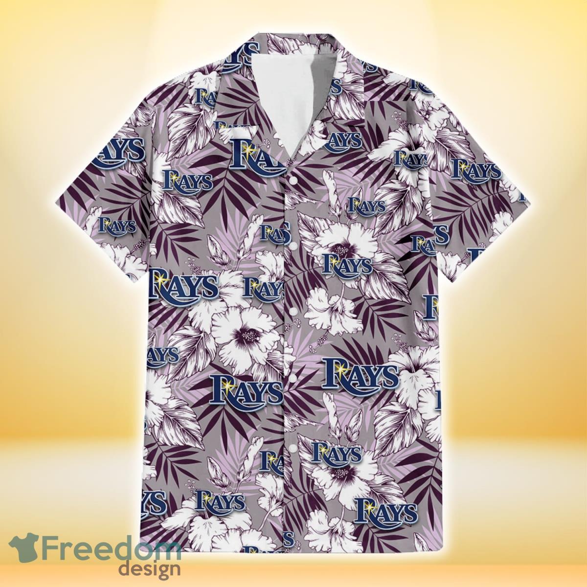 Tampa Bay Rays White Hibiscus Violet Leaves Light Grey Background 3D Hawaiian Shirt Gift For Fans Product Photo 2