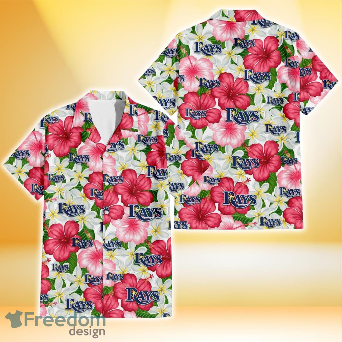 Tampa Bay Rays White Porcelain Flower Pink Hibiscus White Background 3D Hawaiian Shirt Gift For Fans Product Photo 1