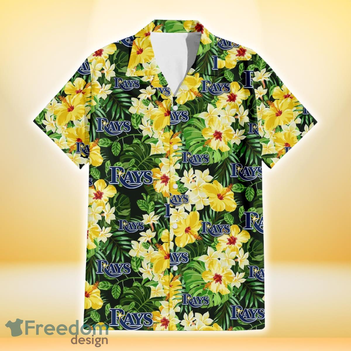 Tampa Bay Rays Yellow Hibiscus Tropical Green Leaf Black Background 3D Hawaiian Shirt Gift For Fans Product Photo 2