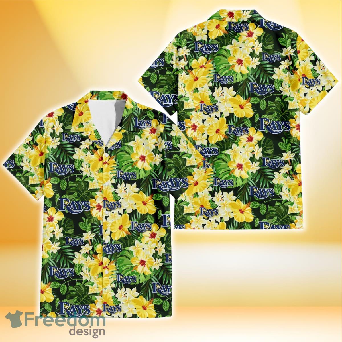 Tampa Bay Rays Yellow Hibiscus Tropical Green Leaf Black Background 3D Hawaiian Shirt Gift For Fans Product Photo 1