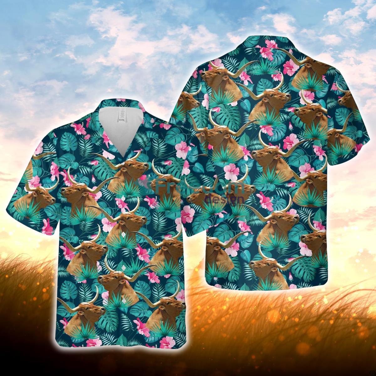 Texas Longhorn Blue Floral Summer 3D Hawaiian Shirt For Men Women Product Photo 1