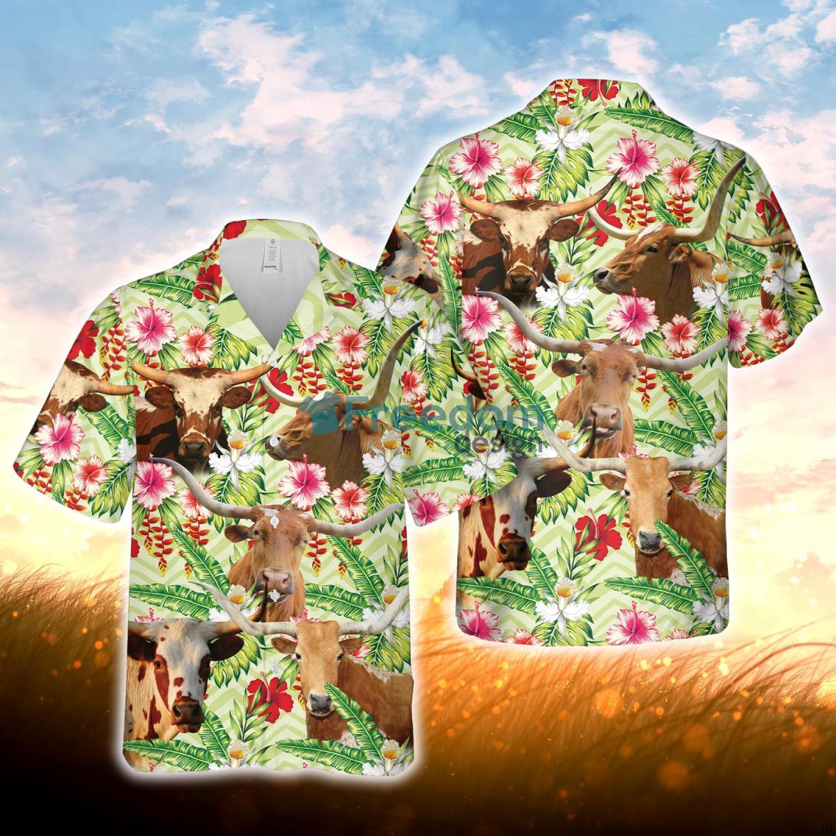 Texas Longhorn Hibicus Floral 3D Hawaiian Shirt For Men Women Product Photo 1