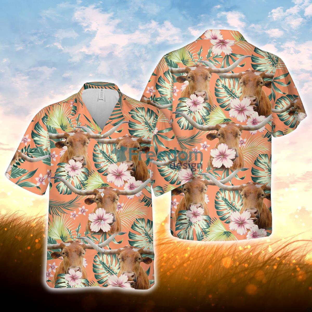 Texas Longhorn Summer Happiness Floral Farm 3D Hawaiian Shirt For Men Women Product Photo 1