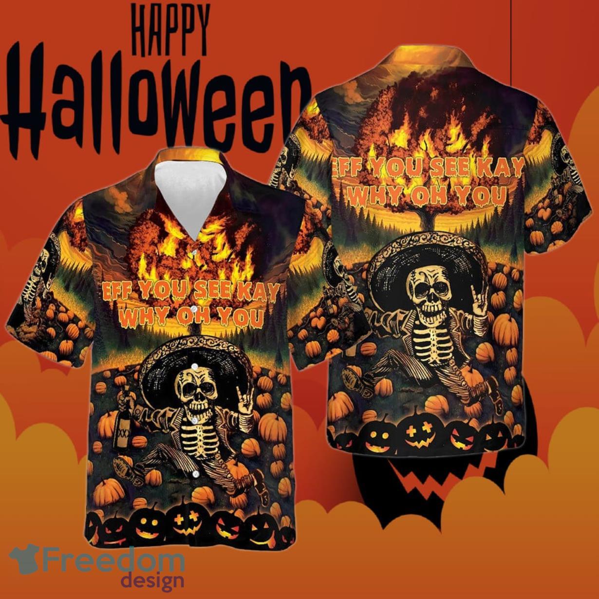 The Burning Pumpkin Sky And Skeleton Halloween Hawaiian Shirt Bff You See Kay Why Oh You Product Photo 1