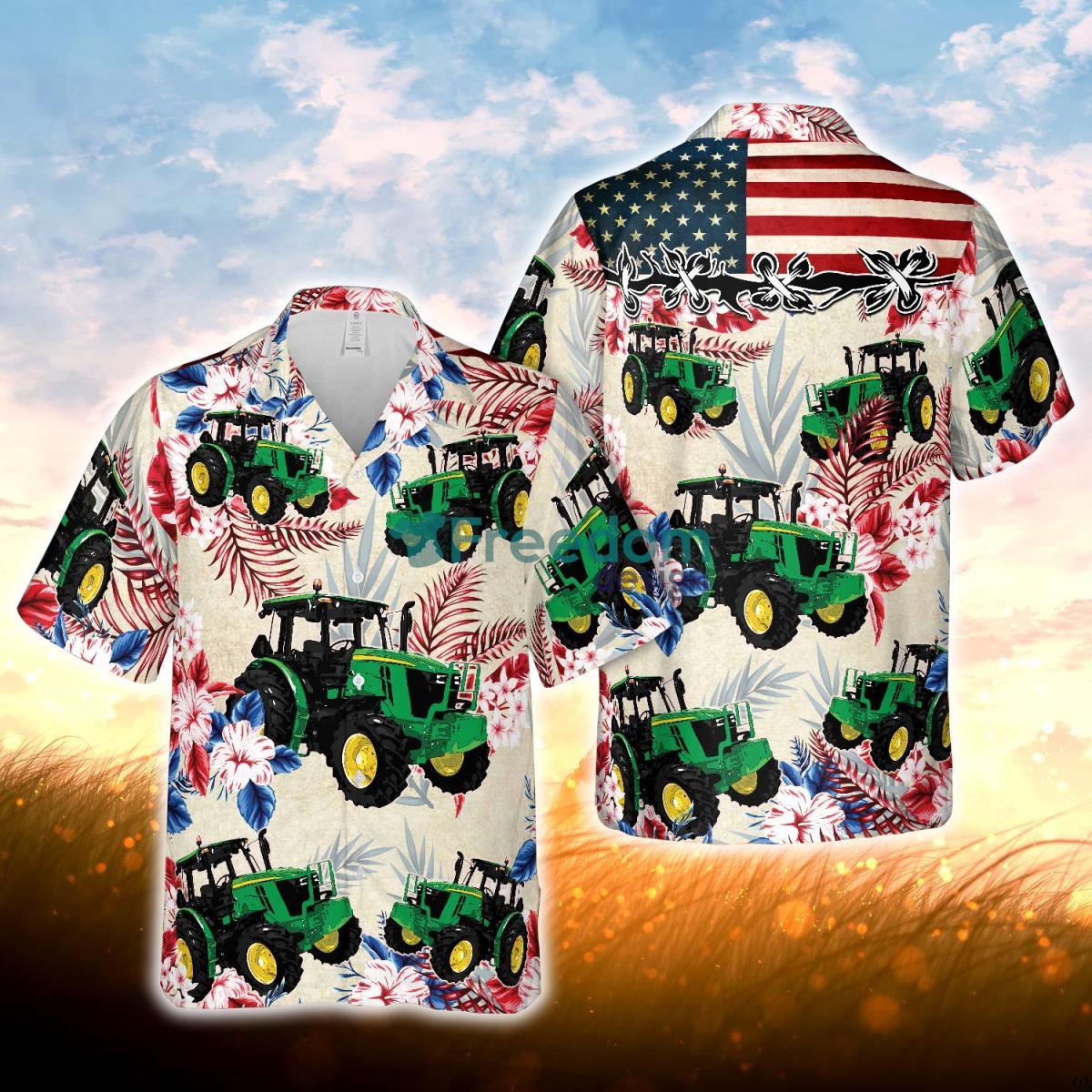 Tractors Hibiscus United State Flag All Over Printed 3D Hawaiian Shirt For Men Women Product Photo 1