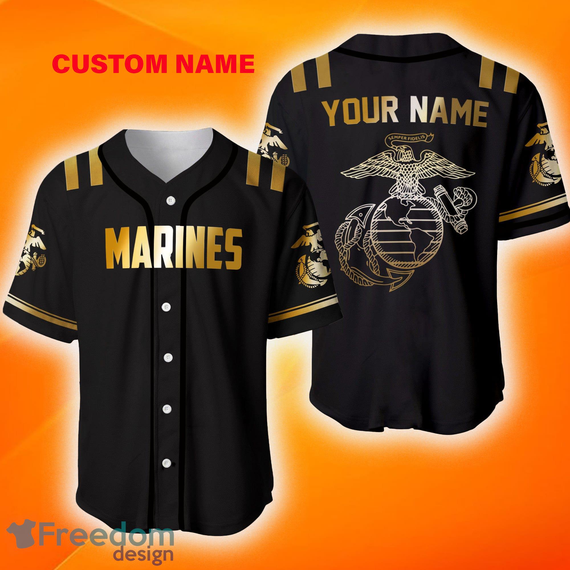 U.S Marine Black And Gold Eagle Custom Name Baseball Jersey Shirt