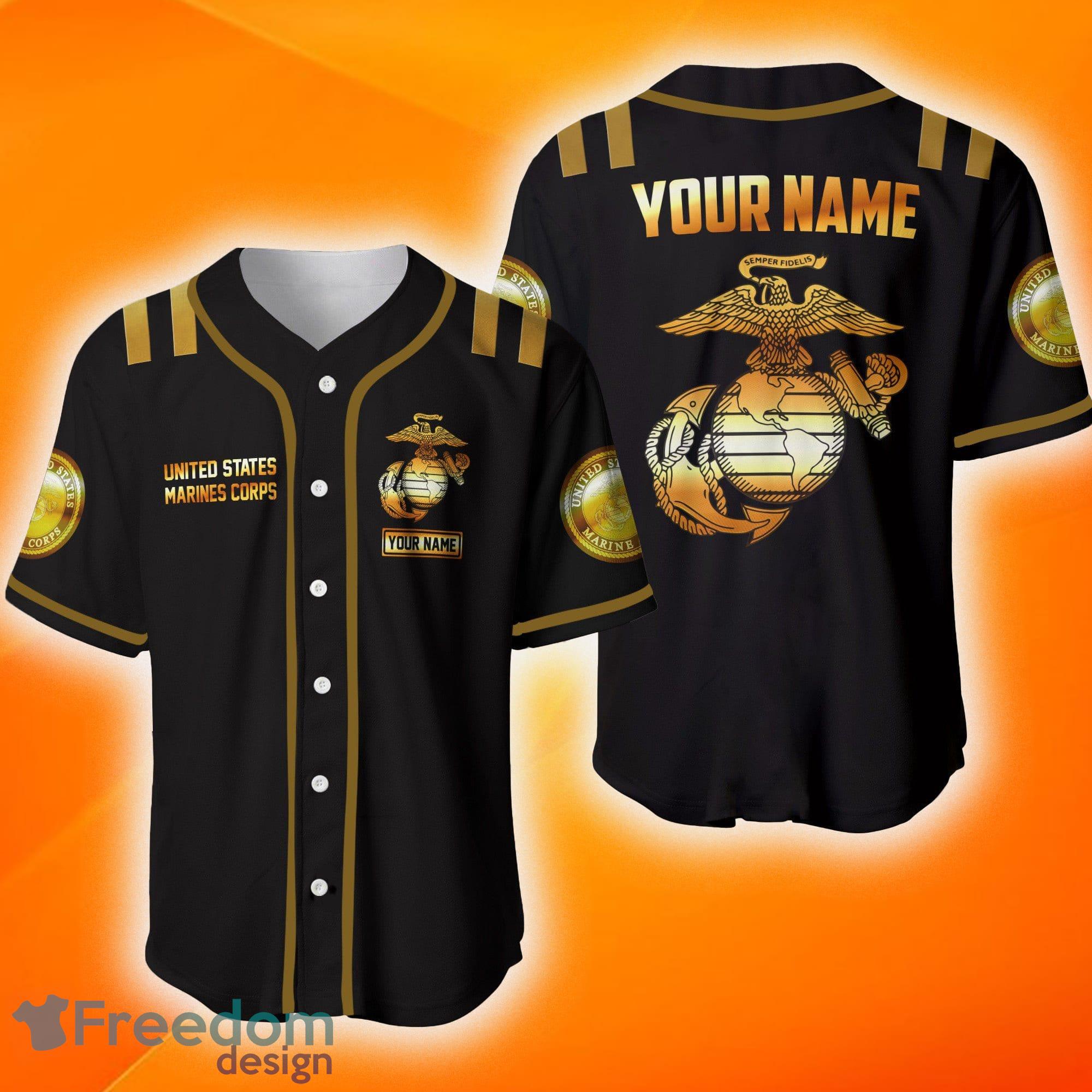 U.S Marine Black And Gold Eagle Custom Name Baseball Jersey Shirt