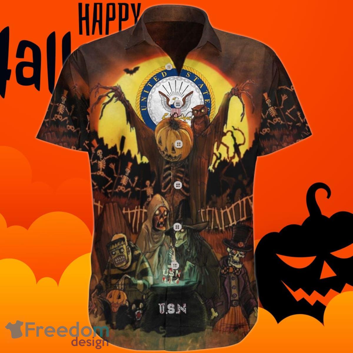 US Navy Halloween Hawaiian Shirt Zombie Honor USN Logo US Navy Halloween Gift For Him Product Photo 1