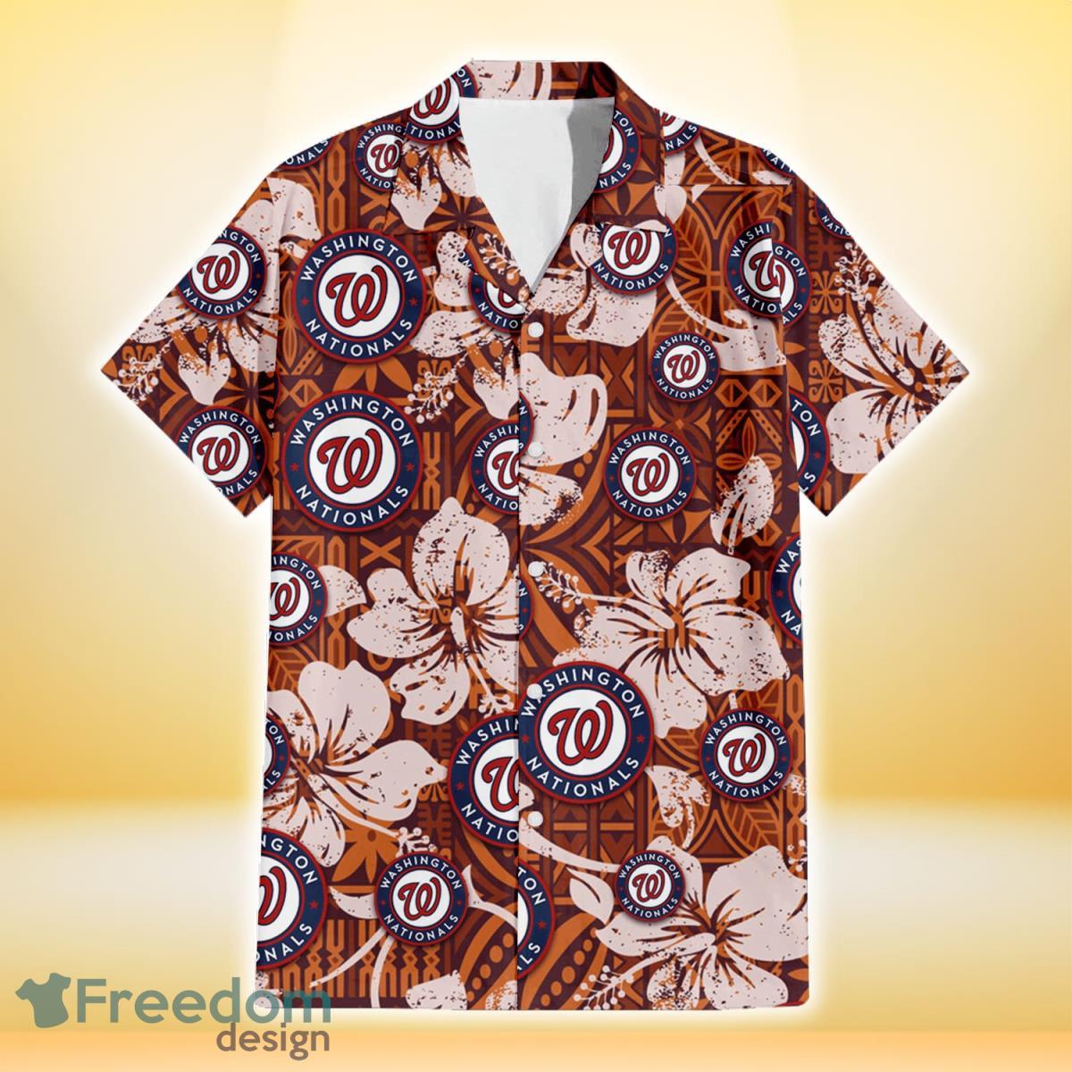 Washington Nationals Bisque Hibiscus Brown Pattern 3D Hawaiian Shirt Gift For Fans Product Photo 2