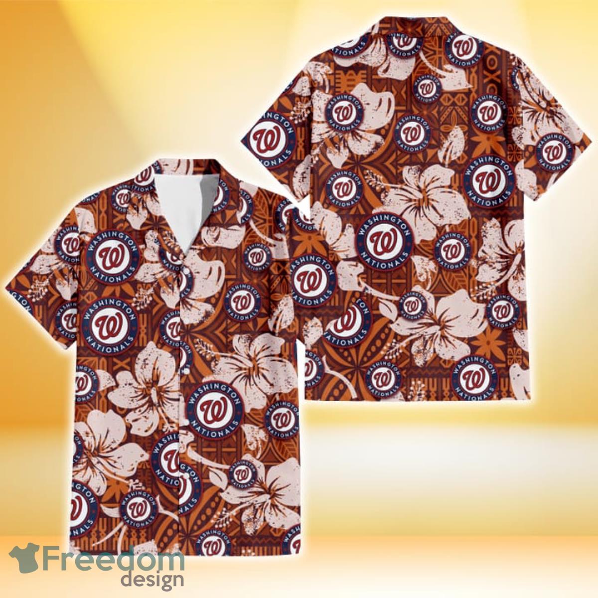 Washington Nationals Bisque Hibiscus Brown Pattern 3D Hawaiian Shirt Gift For Fans Product Photo 1